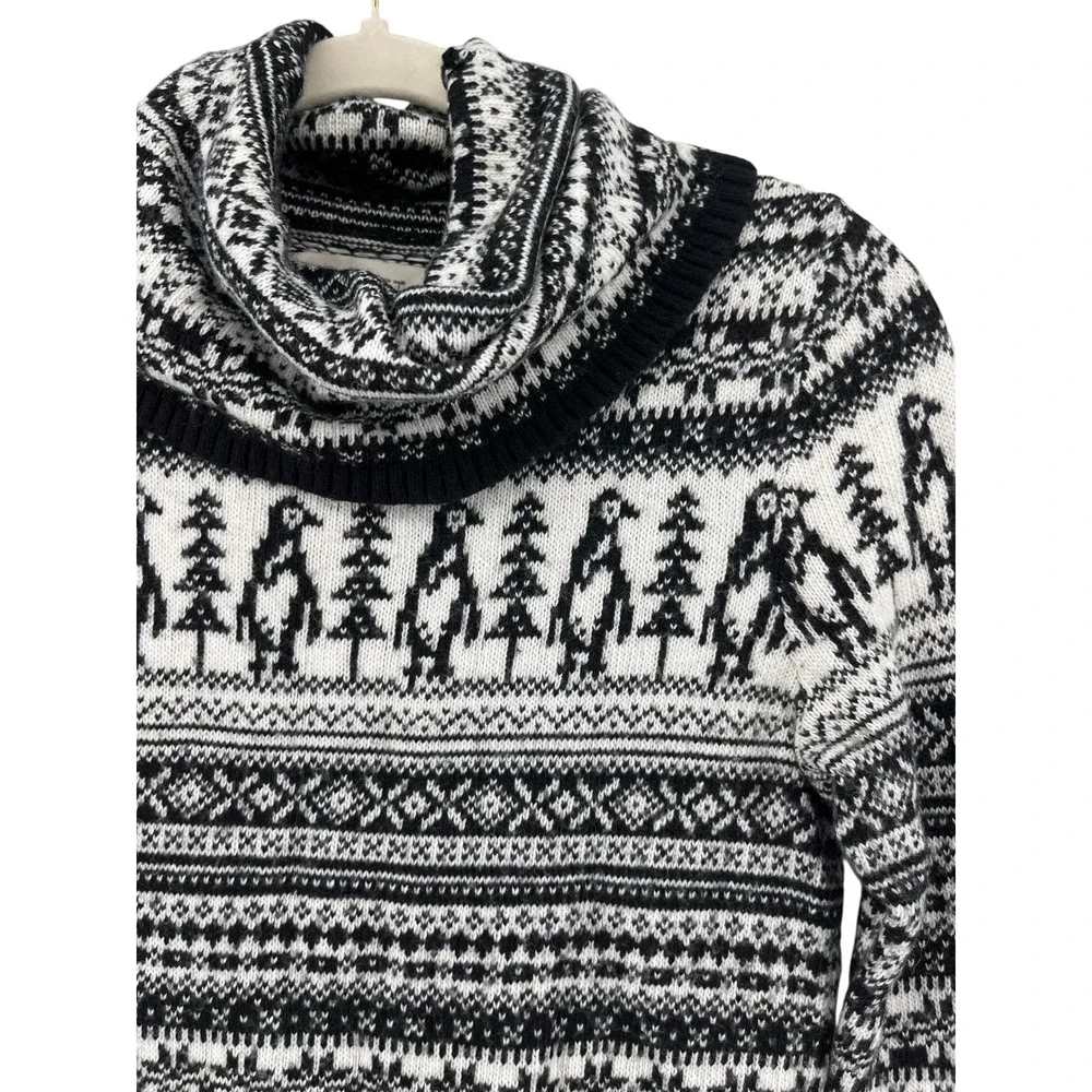 LOFT Fair Isle Penguin Tree Print Cowl Neck Sweater wool mix Small Black White s